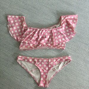 Lisa marie Fernandez pink and white polka dot off the shoulder bikini